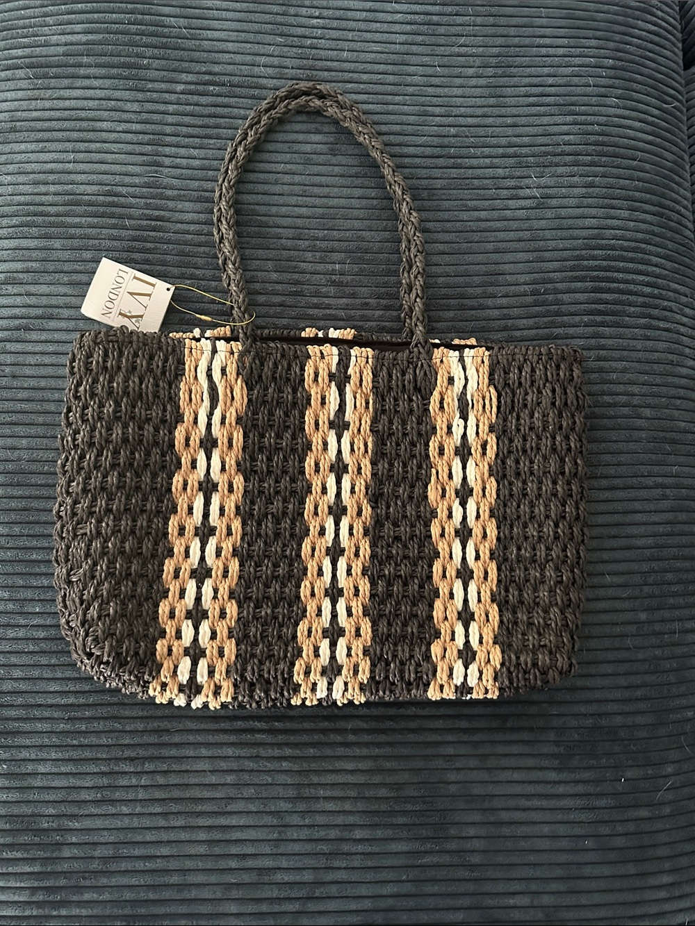 Braided Straw Tote Bag with Tan and Cream Stripes - NWT
